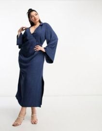 DESIGN Curve flute sleeve collared wrap midi dress with gathers in blue at ASOS