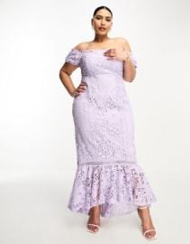 DESIGN Curve lace bardot cut out maxi dress with frill hem in lilac at ASOS