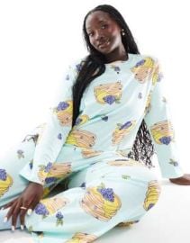 DESIGN Curve pancakes long sleeve top pants pajama set in blue at ASOS
