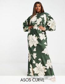 DESIGN Curve satin maxi dress with batwing sleeve in large stencil floral at ASOS