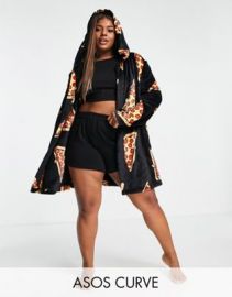 DESIGN Curve super-soft pizza print fleece robe in black at ASOS