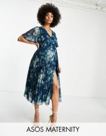 DESIGN Maternity exclusive pleated midi dress with kimono sleeve and tie waist in floral print at ASOS