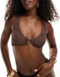 DESIGN Megan crinkle scoop bikini top with square trim in coffee at ASOS