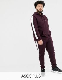 DESIGN Plus tracksuit hoodieskinny sweatpants with side stripe in burgundy at ASOS