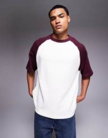 DESIGN Premium oversized contrast raglan T-shirt in cream textured rib at ASOS