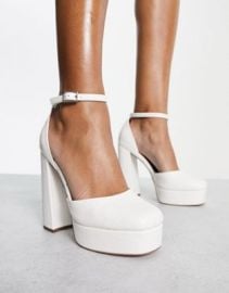 DESIGN Priority platform high block heel shoes in white croc at ASOS