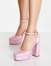 DESIGN Priority platform high heeled shoes in pink jaquard at ASOS