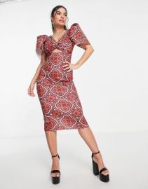 DESIGN Puff sleeve twist front midi dress in geo print at ASOS