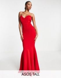 DESIGN Tall fishtail sweetheart neck maxi dress in hot red at ASOS