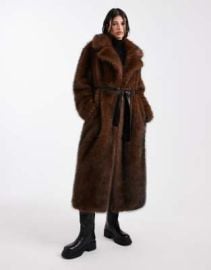 DESIGN Tall longline faux fur belted jacket in chocolate at ASOS