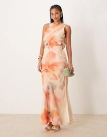 DESIGN Tall textured chiffon draped bias maxi dress in orange floral print at ASOS