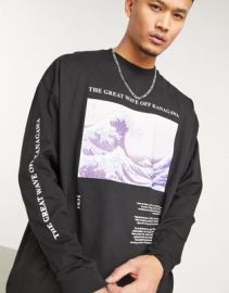 DESIGN The Great Wave Of Kanagawa relaxed heavyweight long sleeve t-shirt in black at ASOS