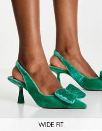 DESIGN Wide Fit Scarlett bow detail mid heel shoes in green at ASOS