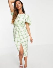 DESIGN asymmetric puff sleeve knot tuck midi dress in check print at ASOS