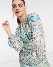 DESIGN aztec-style multi-colored embellished long sleeve top two-piece at ASOS