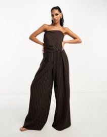 DESIGN bandeau jumpsuit in chocolate pinstripe at ASOS