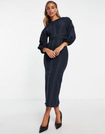 DESIGN belted contrast stitch puff sleeve midi dress in navy at ASOS