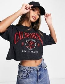 DESIGN boxy crop tee with red california embroidery in washed charcoal at ASOS