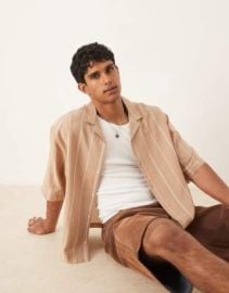 DESIGN boxy oversized camp collar textured shirt in stone and white stripe at ASOS