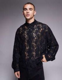 DESIGN boxy oversized lace shirt in black at ASOS
