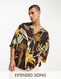 DESIGN boxy oversized shirt in brown scribble floral print at ASOS