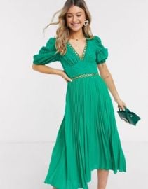 DESIGN broderie pleated midi tea dress with puff sleeve in emerald green at ASOS