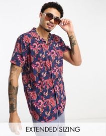 DESIGN camp collar shirt in navy and burgundy paisley print at ASOS