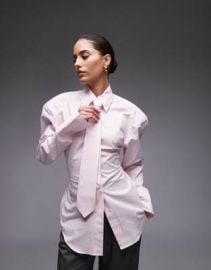 DESIGN cinch waist shirt with shoulder pads and necktie in pink at ASOS