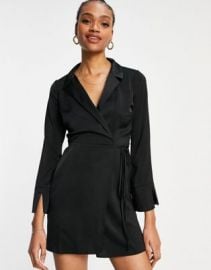 DESIGN collared satin wrap mini dress with tie detail in black at ASOS