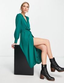 DESIGN collared wrap midi dress with tie belt in forest green at ASOS