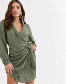 DESIGN collared wrap mini dress in khaki at ASOS