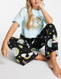 DESIGN cosmic dreamer space tee pants pajama set in blue black at ASOS