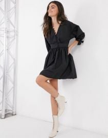 DESIGN cotton poplin button detail mini smock dress with tie sleeves in black at ASOS