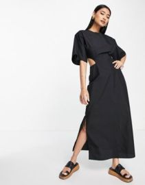 DESIGN cotton poplin cut-out waist midi dress in black at ASOS