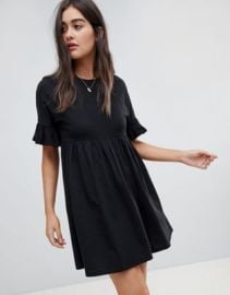 DESIGN cotton slubby frill sleeve smock dress in black at ASOS