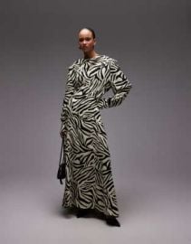 DESIGN cowl neck satin maxi dress with power shoulders in zebra print at ASOS