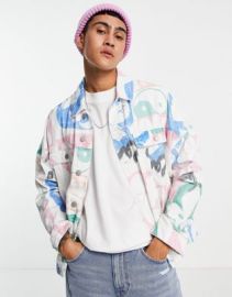 DESIGN denim jacket with graffiti print in white at ASOS