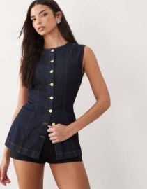 DESIGN denim longline vest in indigo at ASOS