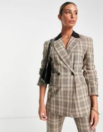 DESIGN double breasted suit blazer in brown check at ASOS