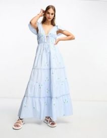 DESIGN embroidered cotton tiered midi dress with lace insert in blue floral at ASOS