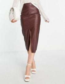 DESIGN faux leather croc midi skirt in chocolate at ASOS