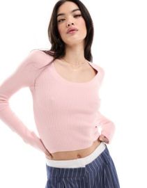 DESIGN fine gauge scoop neck sweater in rib in pink at ASOS