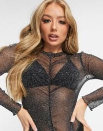 DESIGN glitter mesh long sleeve bodysuit in black at ASOS