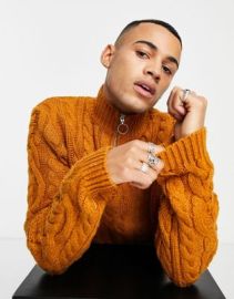 DESIGN heavyweight cable knit half zip sweater in mustard at ASOS