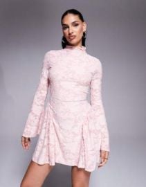 DESIGN high neck devore mini dress with flutter full length sleeves and godet inserts in light pink at ASOS
