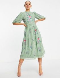 DESIGN high neck textured embroidered midi dress with lace trims in soft green at ASOS