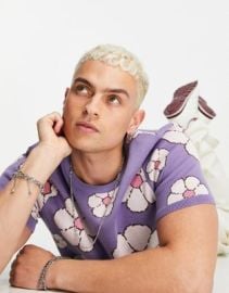 DESIGN knit T-shirt with floral design in purple at ASOS