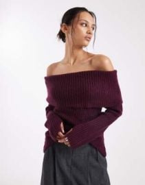 DESIGN knit off the shoulder sweater in plum at ASOS