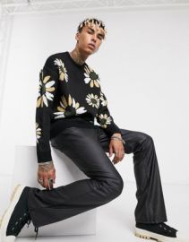 DESIGN knit oversized sweater with floral design in black at ASOS