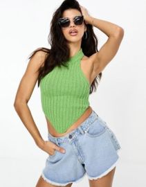 DESIGN knitted halter cami with shaped hem in boucle yarn in green at ASOS